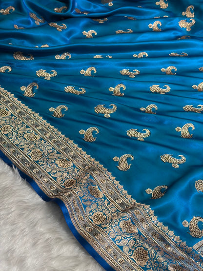 Satin Silk Saree Tredition Banarasi Swarovski Work Floral Boota in Firozi Shades BSS27
