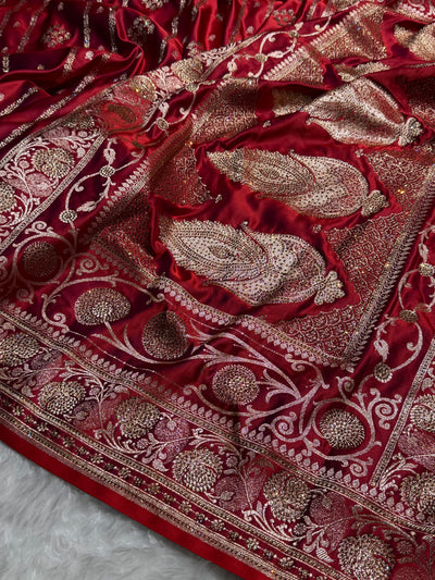Cross Red Floral Boota Pattern With Bananas Swarovski Stone Work Satin Katan Silk saree BSK39