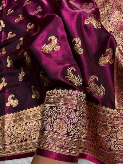 Satin Silk Saree Treditional Swarovski Work Floral Boota in Wine Shades BSS27