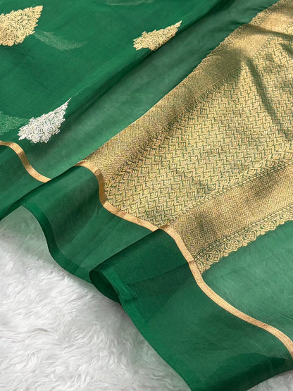 Pure Banarasi Organza Bottle Green Shades With Floral Banarasi Silk Saree PO-29