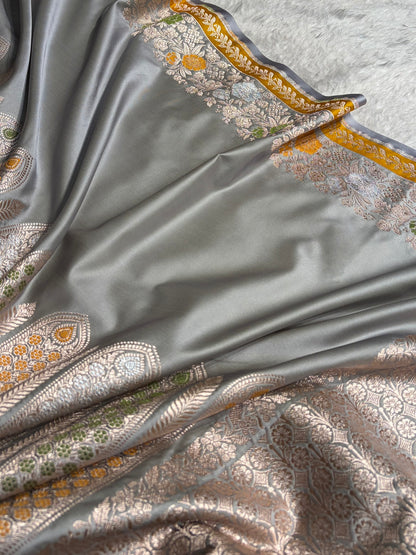 Banarasi Gray Shades Floral Minakari Skirt Border Mashru Silk Saree MSM-83