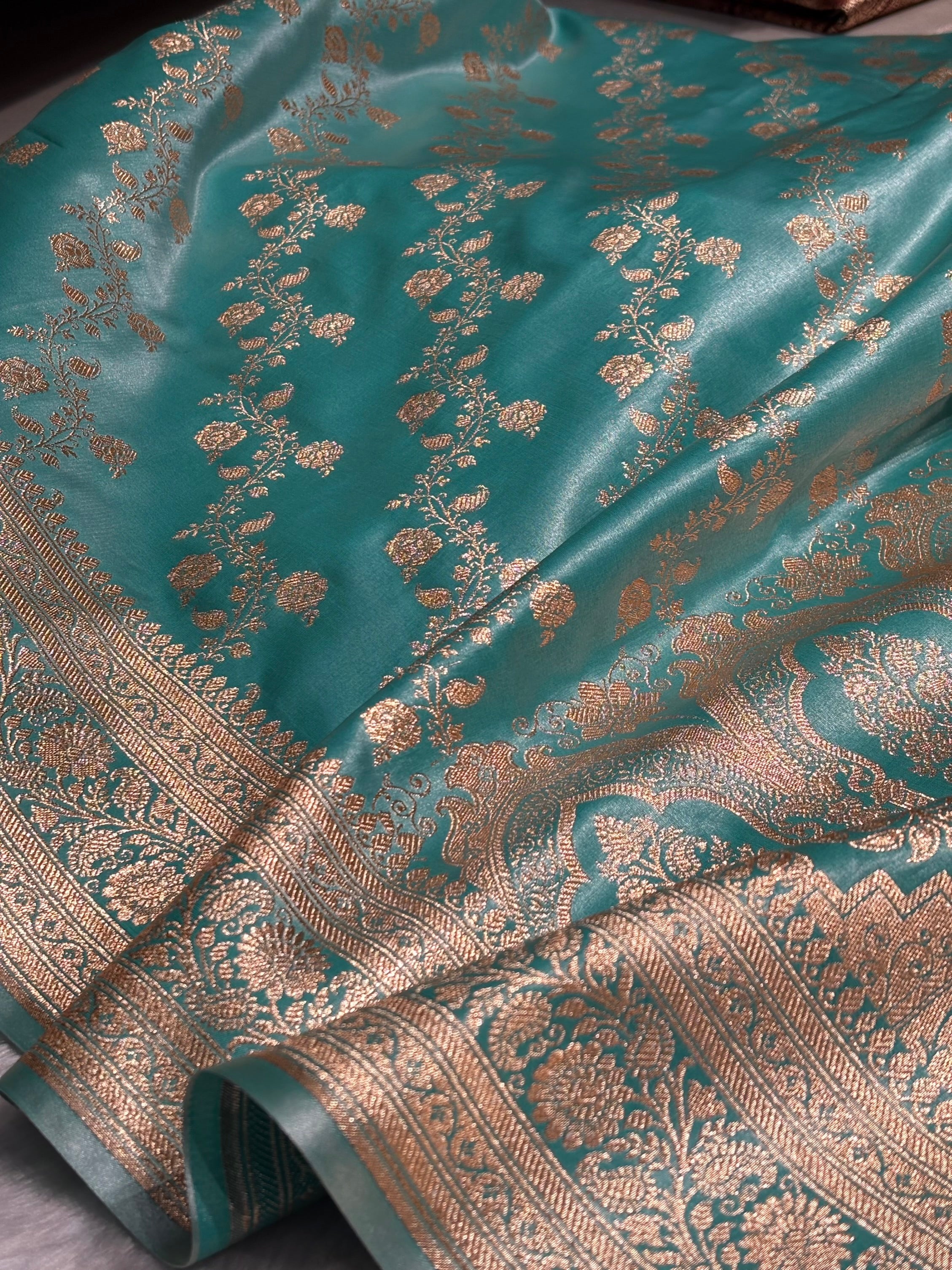 Sea Blue Shades Banarasi  Cross Jaal Satin Silk Saree SS11