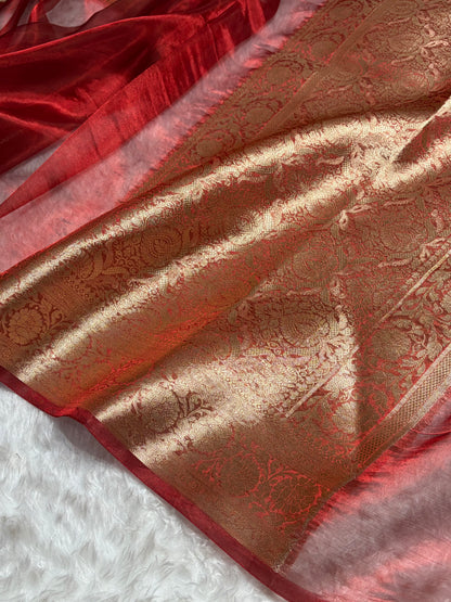 Red Shade Pure Tissue Silk Saree with Brocade Blouse PT-18