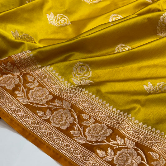 Contrast Yellow - Mustard Combination Rose Motif Mashru Silk Saree