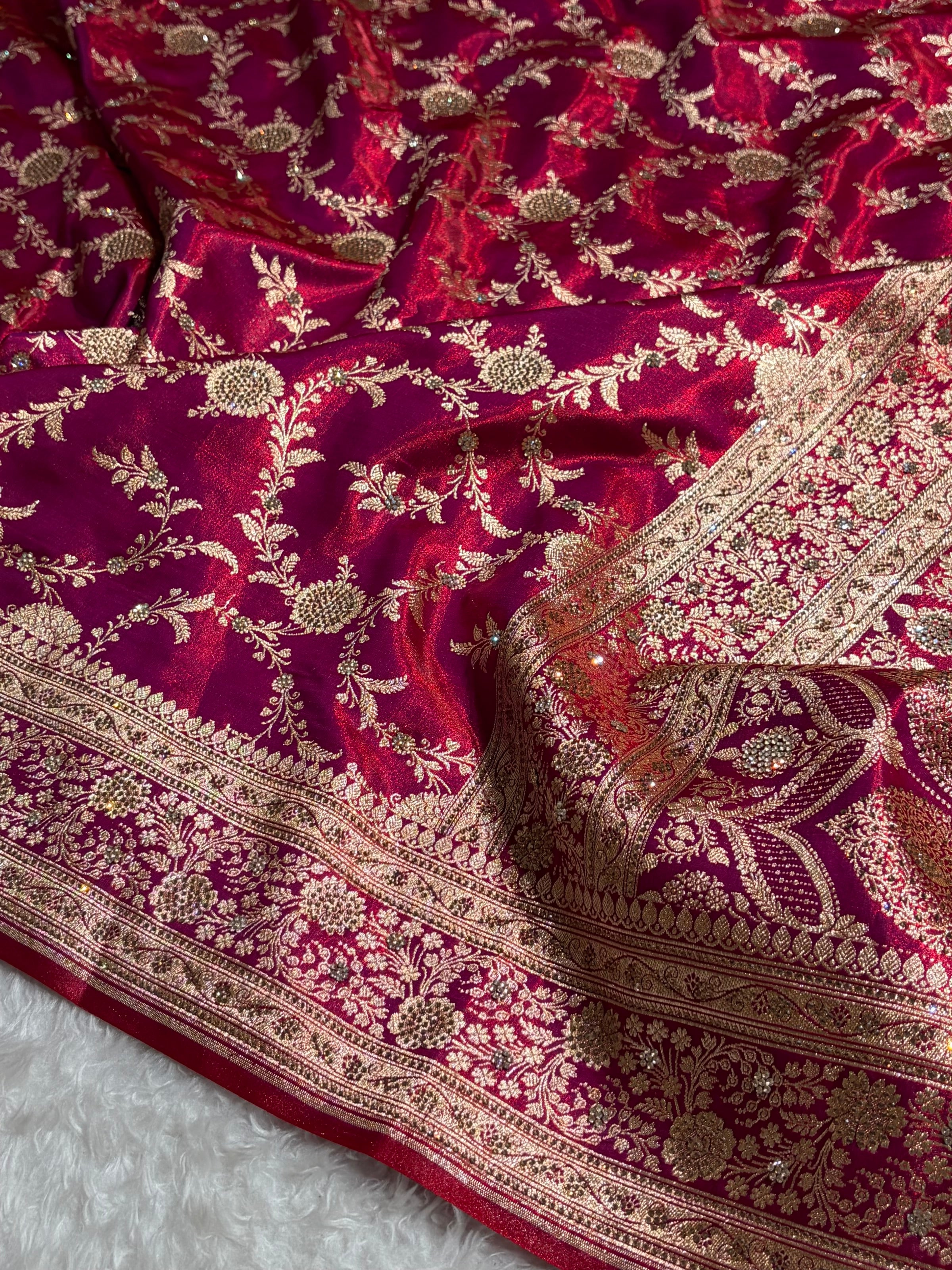 Light Weight Reddish Magenta Satin Silk Saree with Swarovski work BSS14