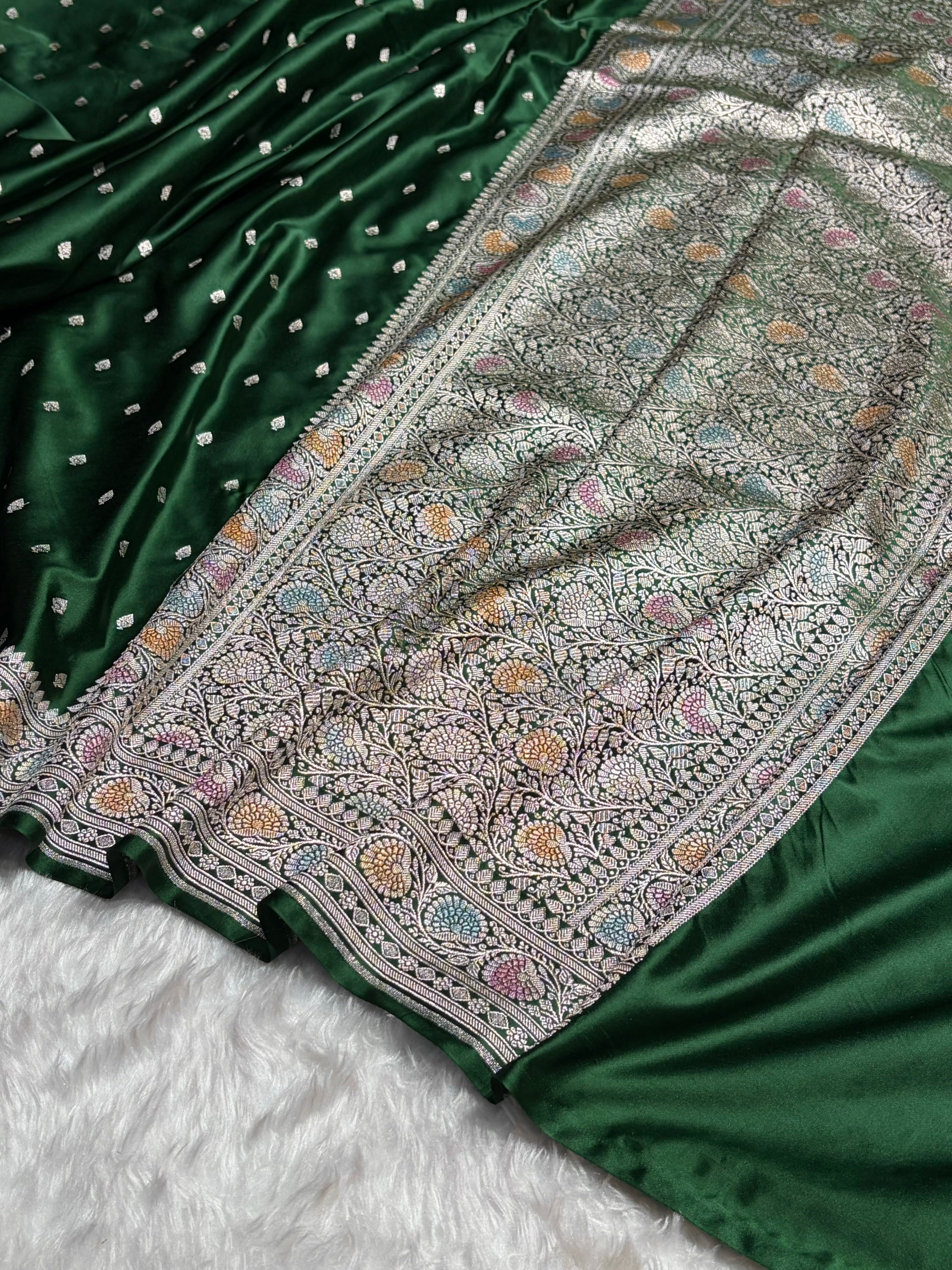 Traditional Bananasi Bottle Green Shades With Contrast Border Booti Mashru Silk Saree MS79