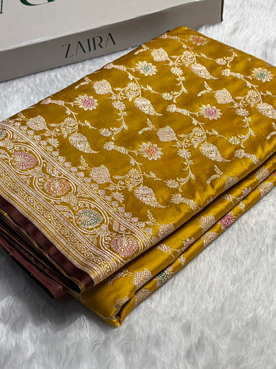 Mustard Yellow Shades In Banarasi Minakari Jaal Mashru Silk Saree MCS42