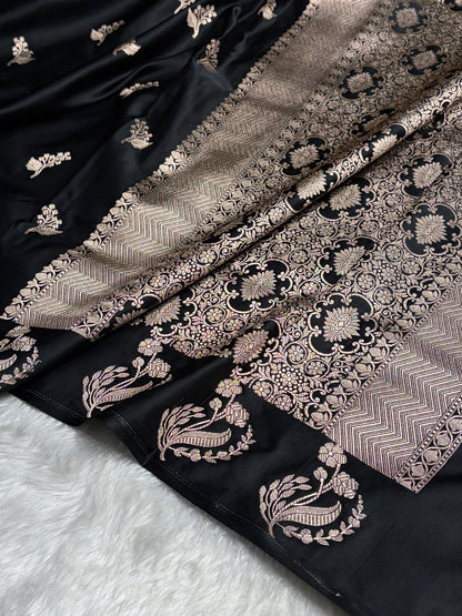 Black Boota With Floral Border Mashru Silk Saree MSM-91