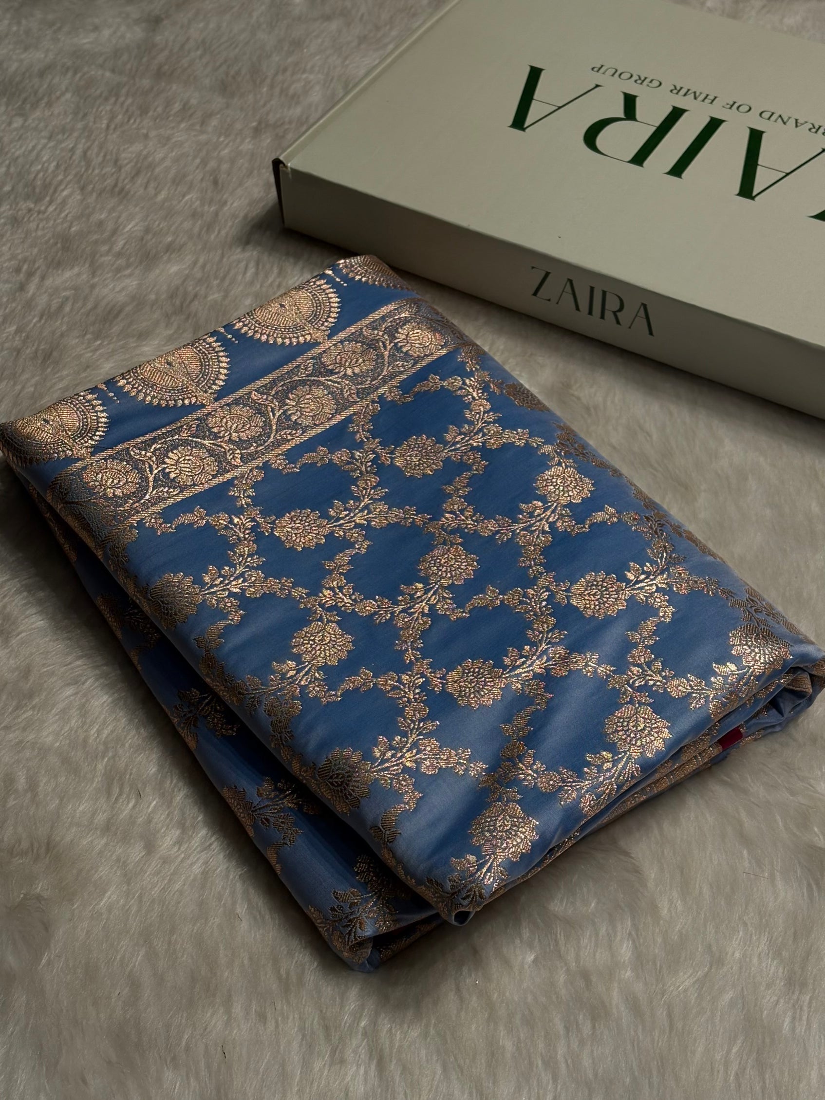 Nile Blue Jaal Pattern Satin Katan Silk Saree SK25