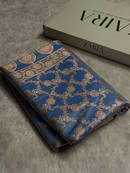 Nile Blue Jaal Pattern Satin Katan Silk Saree SK25