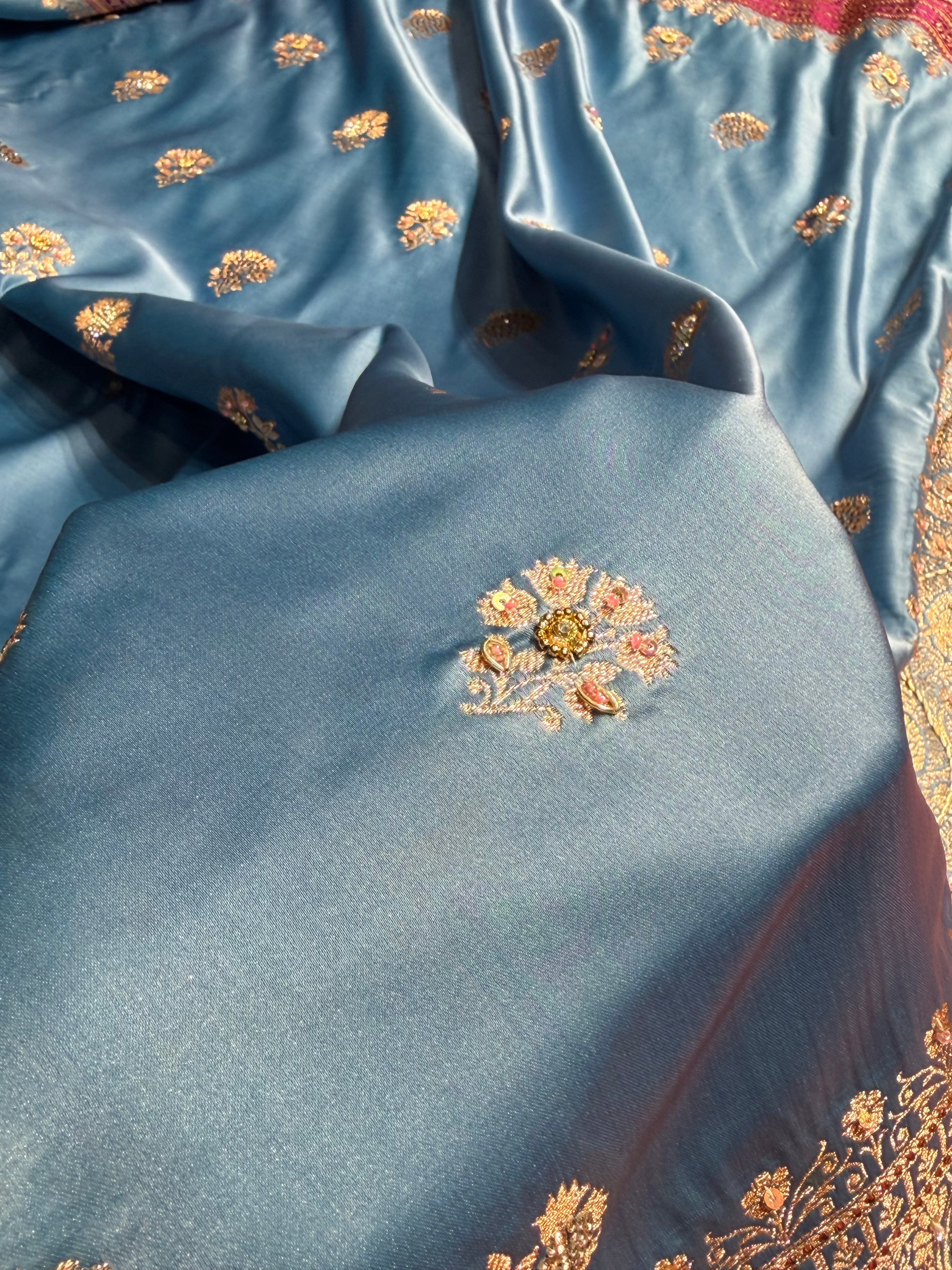 Dusty Blue - Rani Banarasi Boota With Zardozi & Swarovski Work Katan Silk Saree BSKM29
