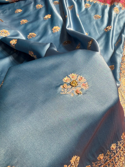 Dusty Blue - Rani Banarasi Boota With Zardozi & Swarovski Work Katan Silk Saree BSKM29