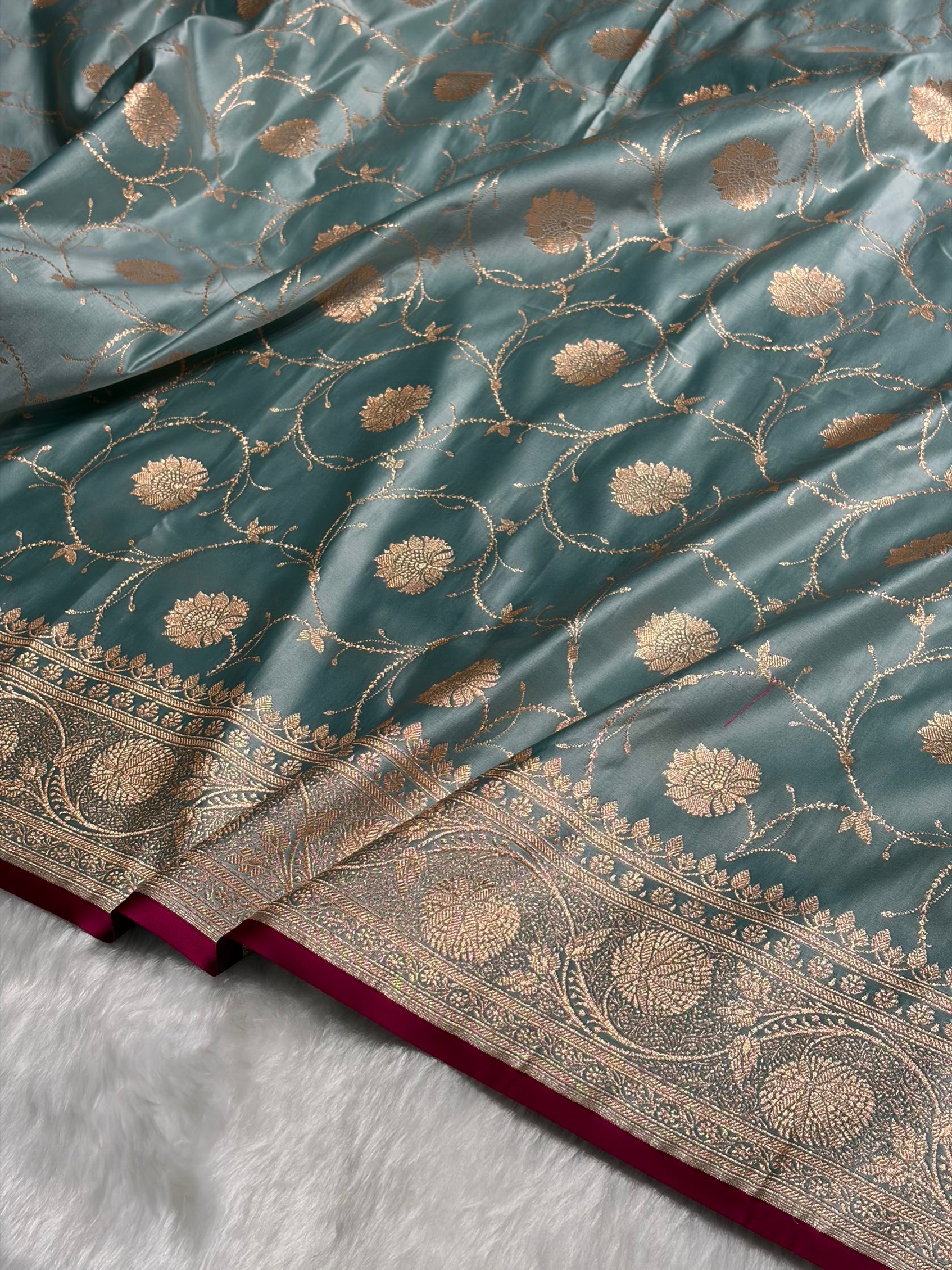 Turquoise Banarasi Jaal Satin Katan Silk Saree SK06