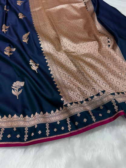 German Blue Floral Booti Motif Mashru Silk Saree MSM 08