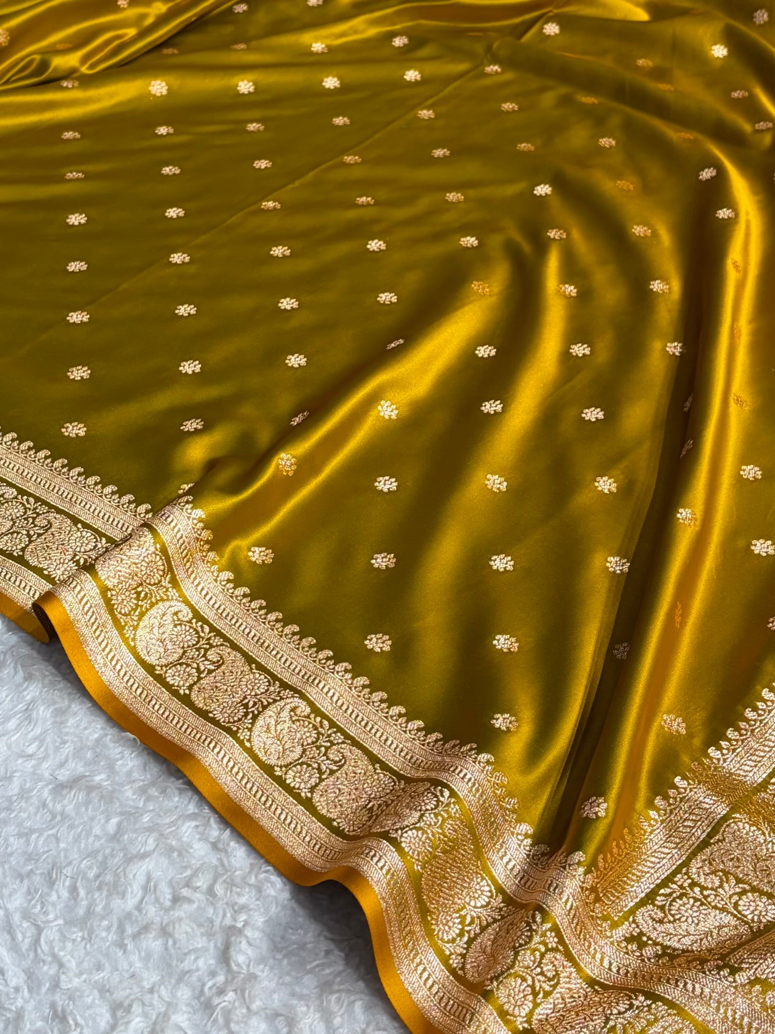 Banarasi Satin Katan Saree With Boota Pattern in Liril Mehendi Shades SK127