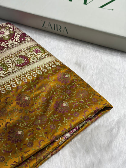 Mustard - Rani Contrast Jamawar Tanchoi Jaal Katan Silk Saree SKTM-18