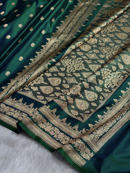 Cross Green Floral Pattern Satin Katan Silk Saree SK76