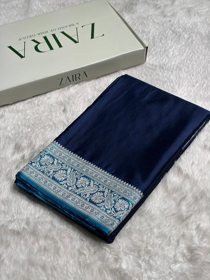 Contrast Navy Blue with Firozi Border Plain Mashru Silk Saree MS22