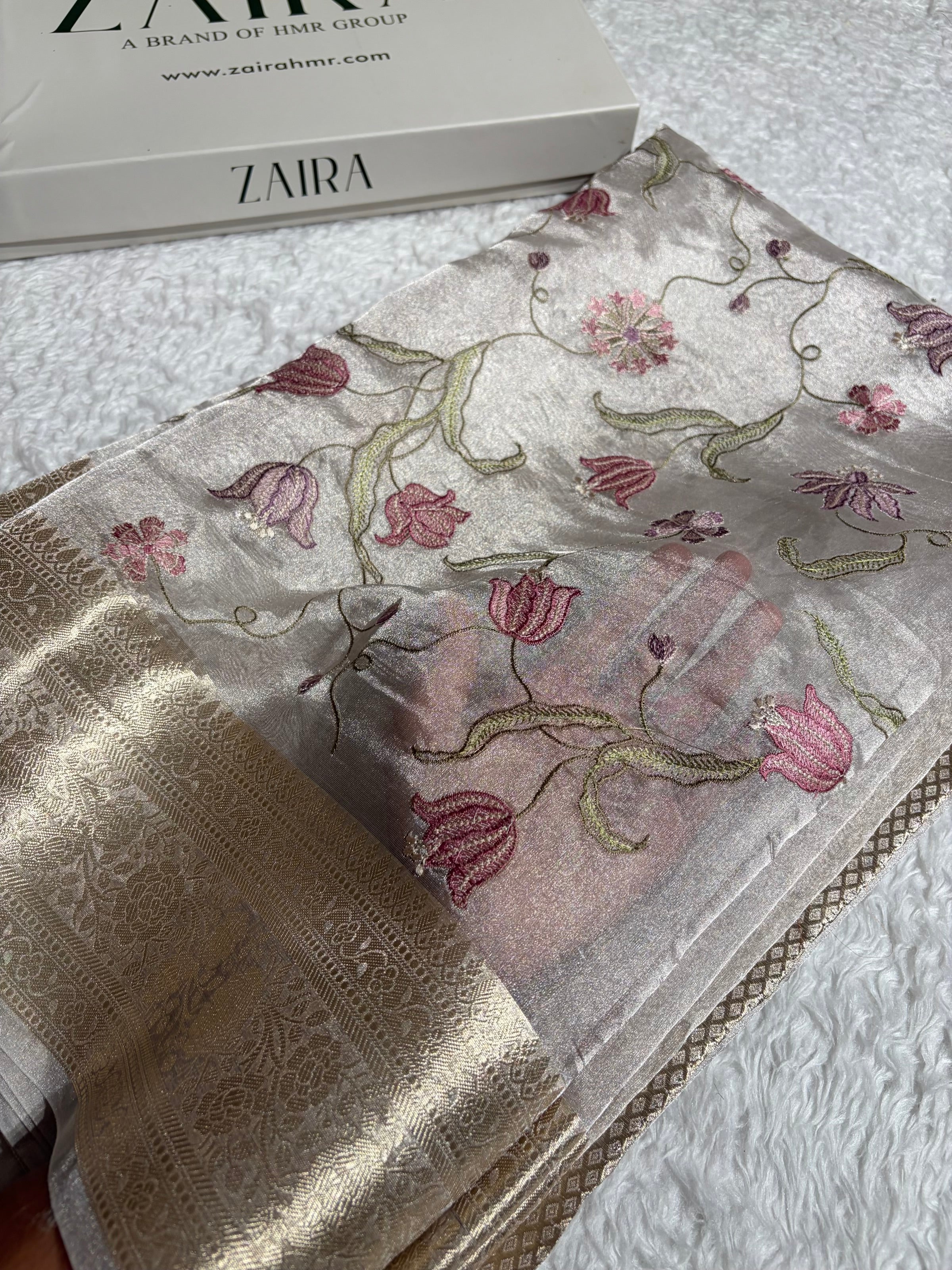 Pearl White Shades With Floral Embroidered Pure Tissue Silk Saree with Brocade Blouse PTE-18