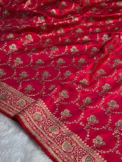 Satin Silk Saree Jaal in Pinkish Red Shades With Swarovski Work BSS23