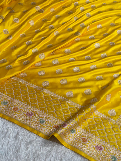 Banarasi Floral Booti Pattern in Yellow With Minakari Shades Floral Mashru Silk Saree MCS103