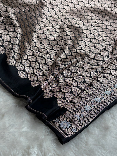 Black Shades Plain Banarasi With Minakari Floral Border Mashru Silk Saree MSM-123