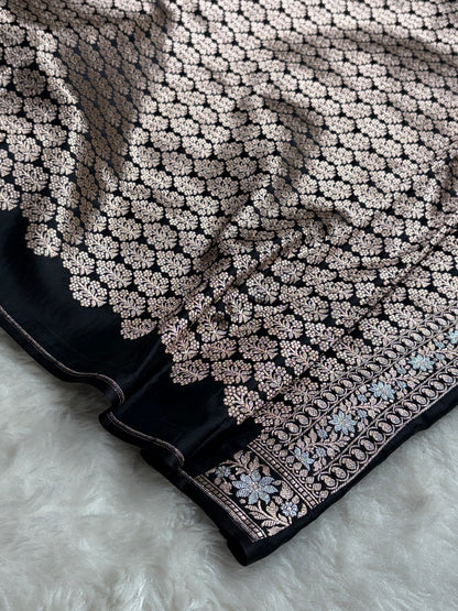 Black Shades Plain Banarasi With Minakari Floral Border Mashru Silk Saree MSM-123