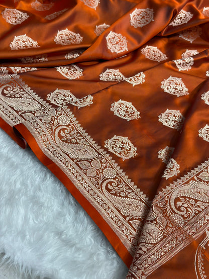 Rust Shades Banarasi Boota Pattern Floral Mashru Silk Saree MSM-104