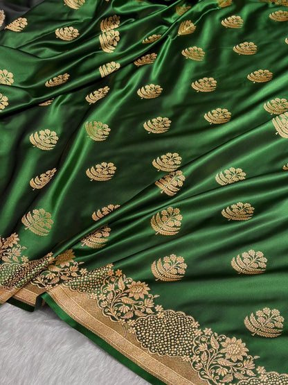 Bottle Green Unique Boota Pattern Satin Katan Silk Saree SK70