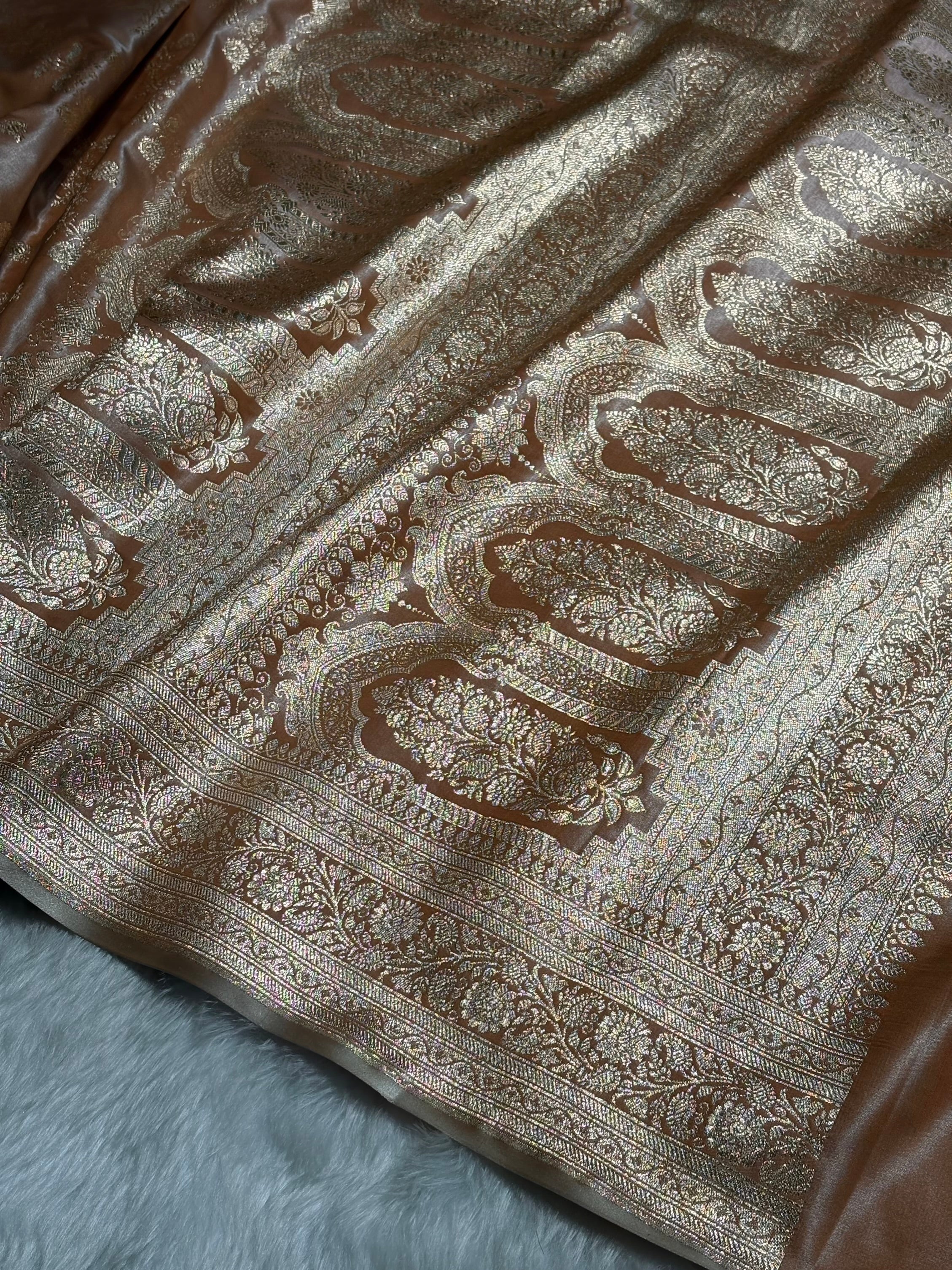 Tusser Shades Banarasi  Cross Jaal Satin Silk Saree SS11
