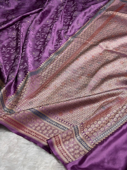Dark Lavender Shades Minakari Tanchoi Floral Booti Mashru Silk Saree MS59
