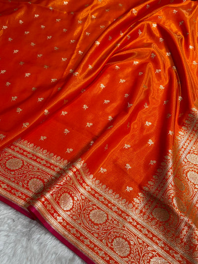 Banarasi Fire Gold Shades Cross Pattern Banarasi Satin Silk Saree SS52