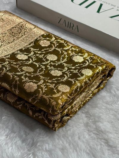 Ultra Light Weight Satin Silk Jaal in Mehendi Shades SS13