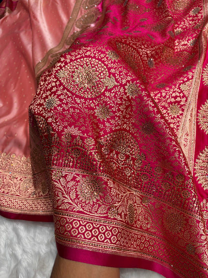 Baby Pink with Wine shades Swarovski Work Booti Satin Katan Silk saree BSK36
