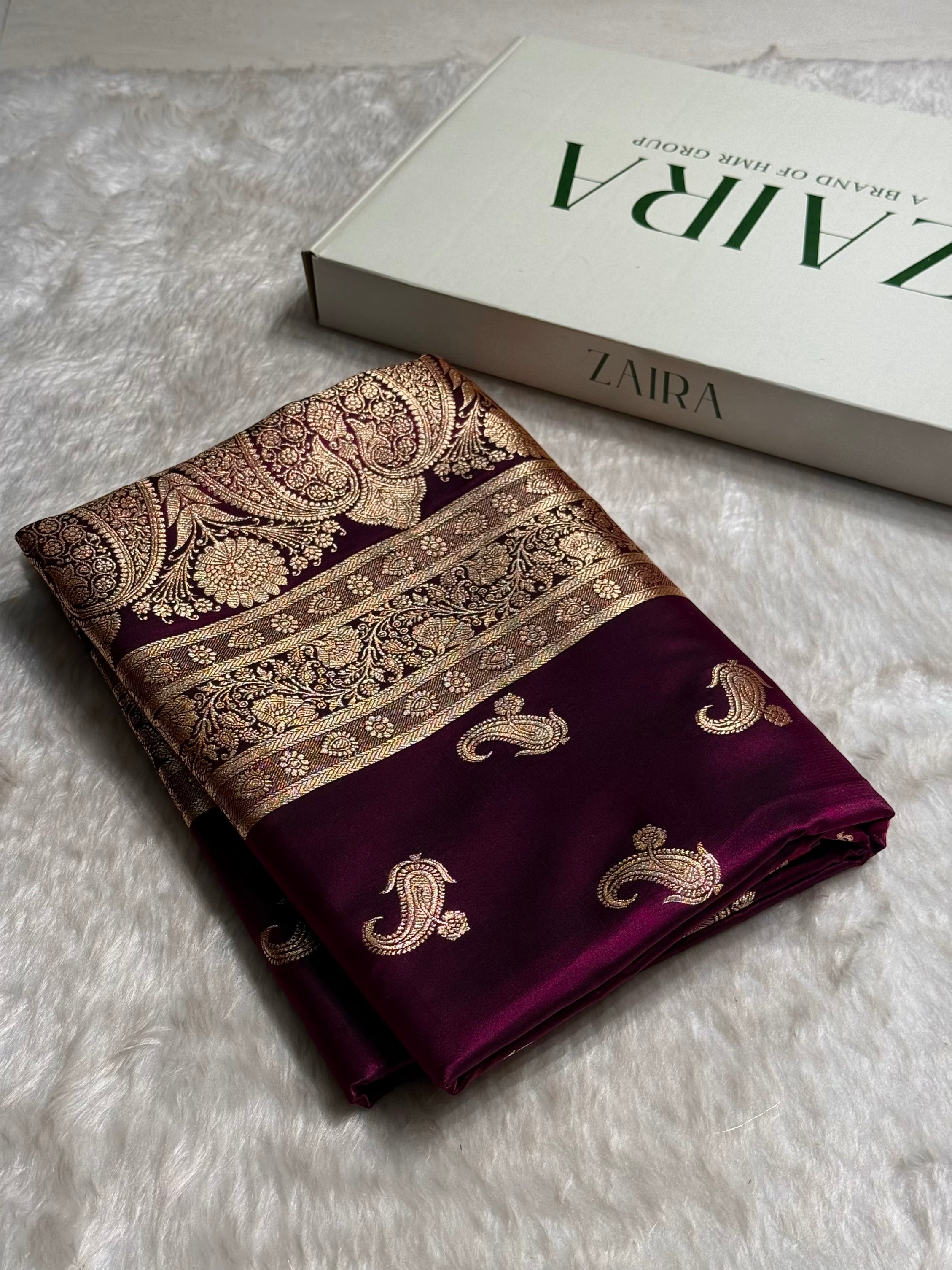 Satin Silk Saree Floral Boota in Wine Shades SS27