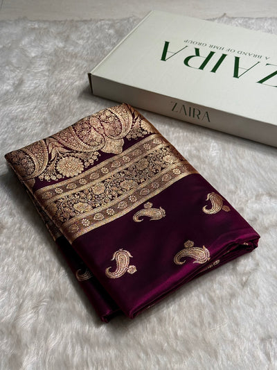 Satin Silk Saree Floral Boota in Wine Shades SS27