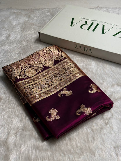 Satin Silk Saree Floral Boota in Wine Shades SS27