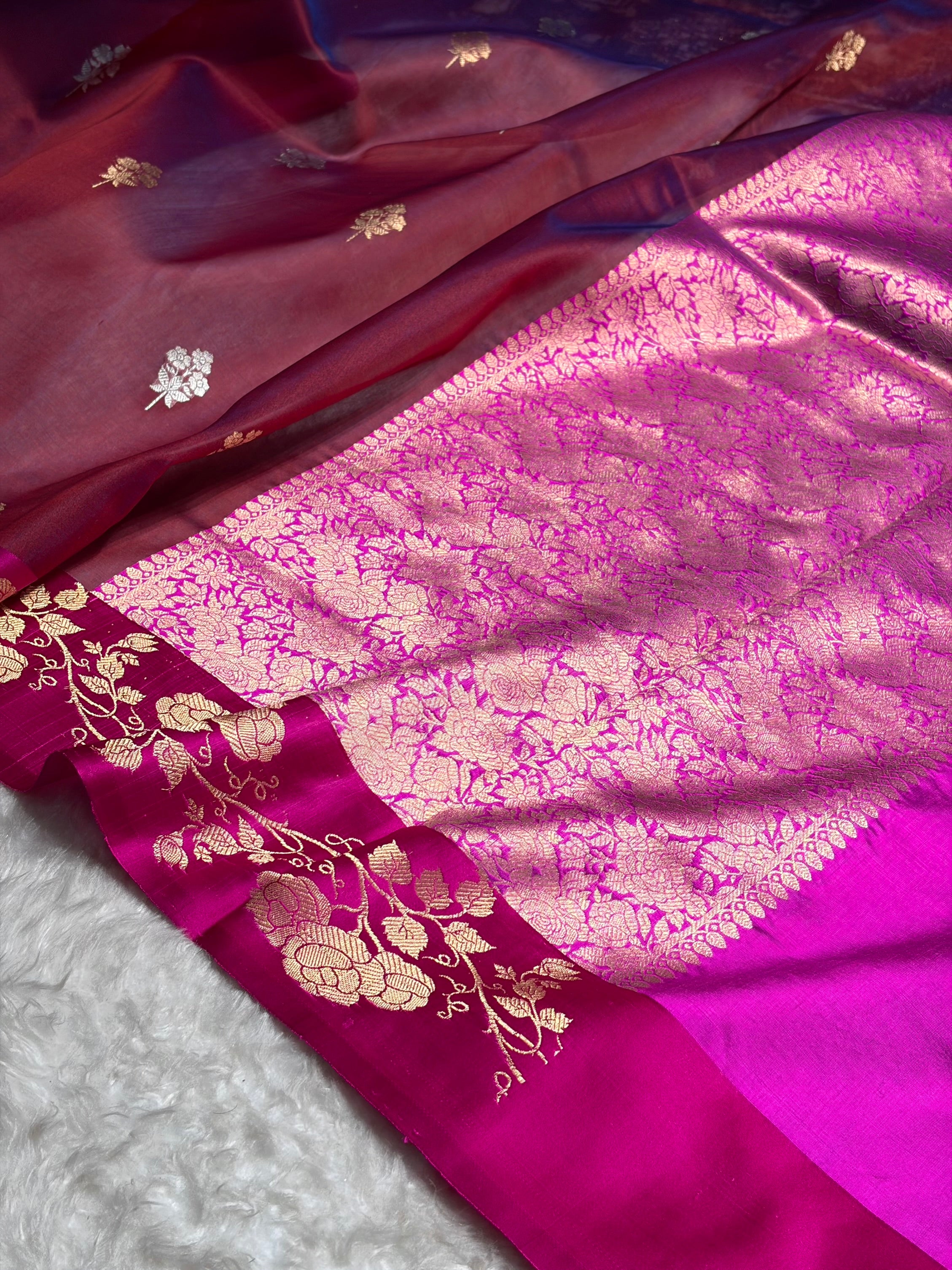 Contrast Pure Banarasi Organza Cross Pink With Rani Floral Banarasi Silk Saree PO-13