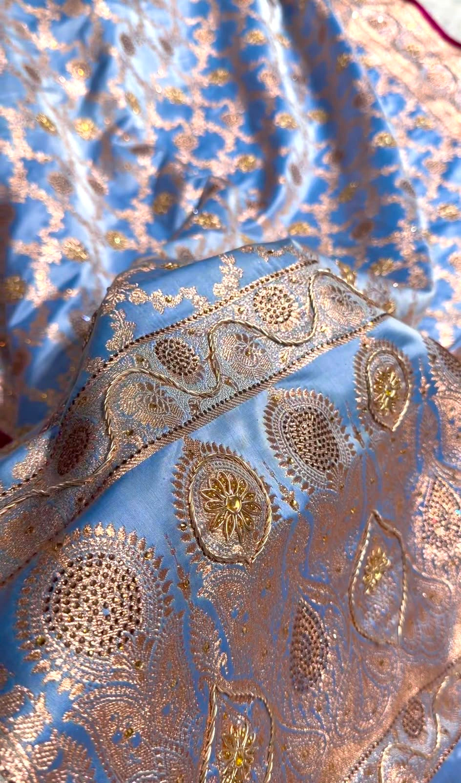 Nile Blue Jaal With Banarasi Swarovski and Zardozi Work Pattern Satin Katan Silk Saree BSK25