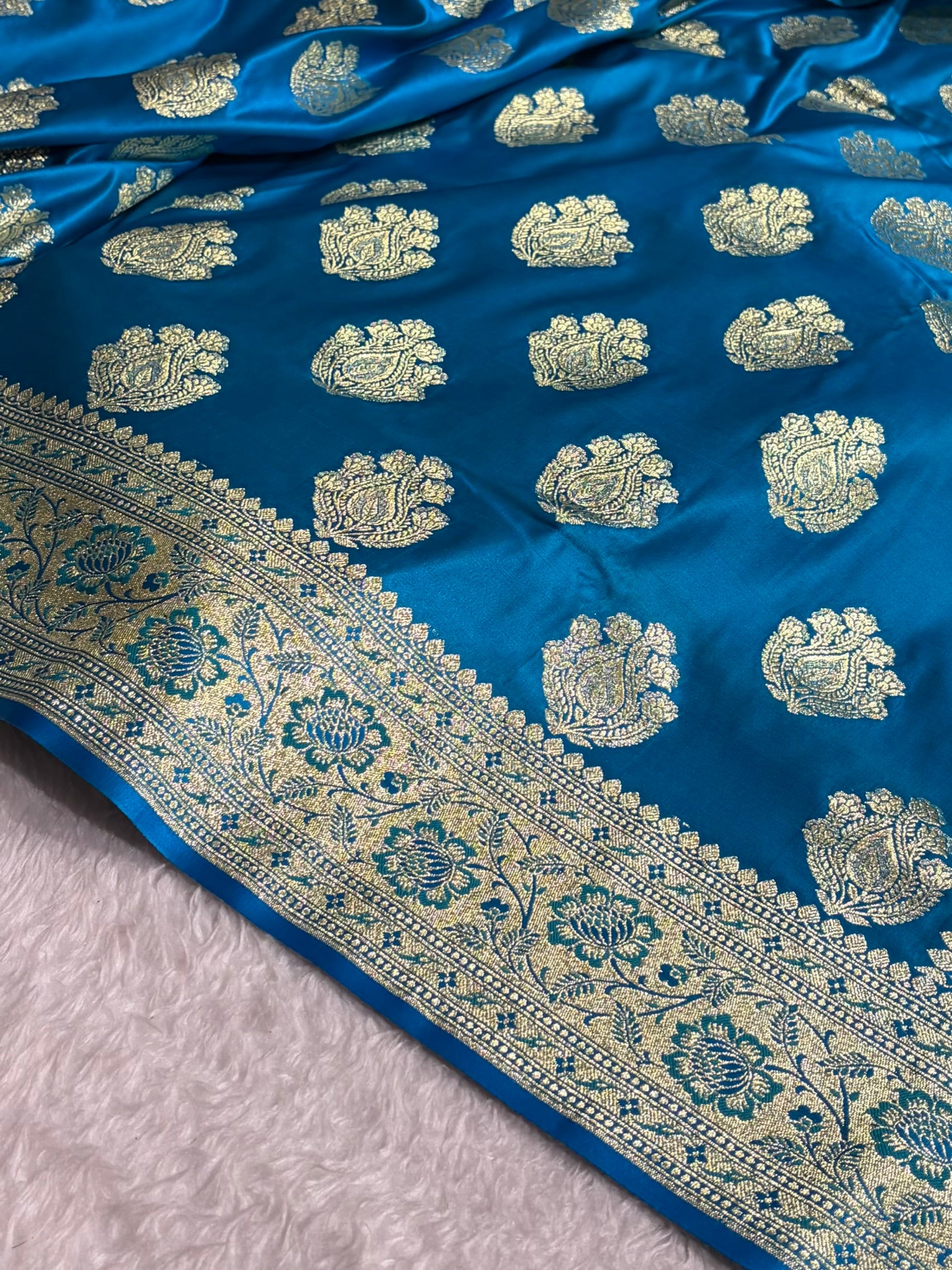 Banarasi Satin Katan Saree in Firozi Shades