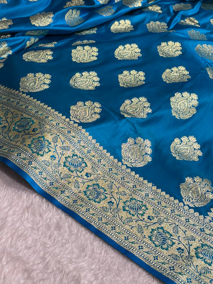 Banarasi Satin Katan Saree in Firozi Shades