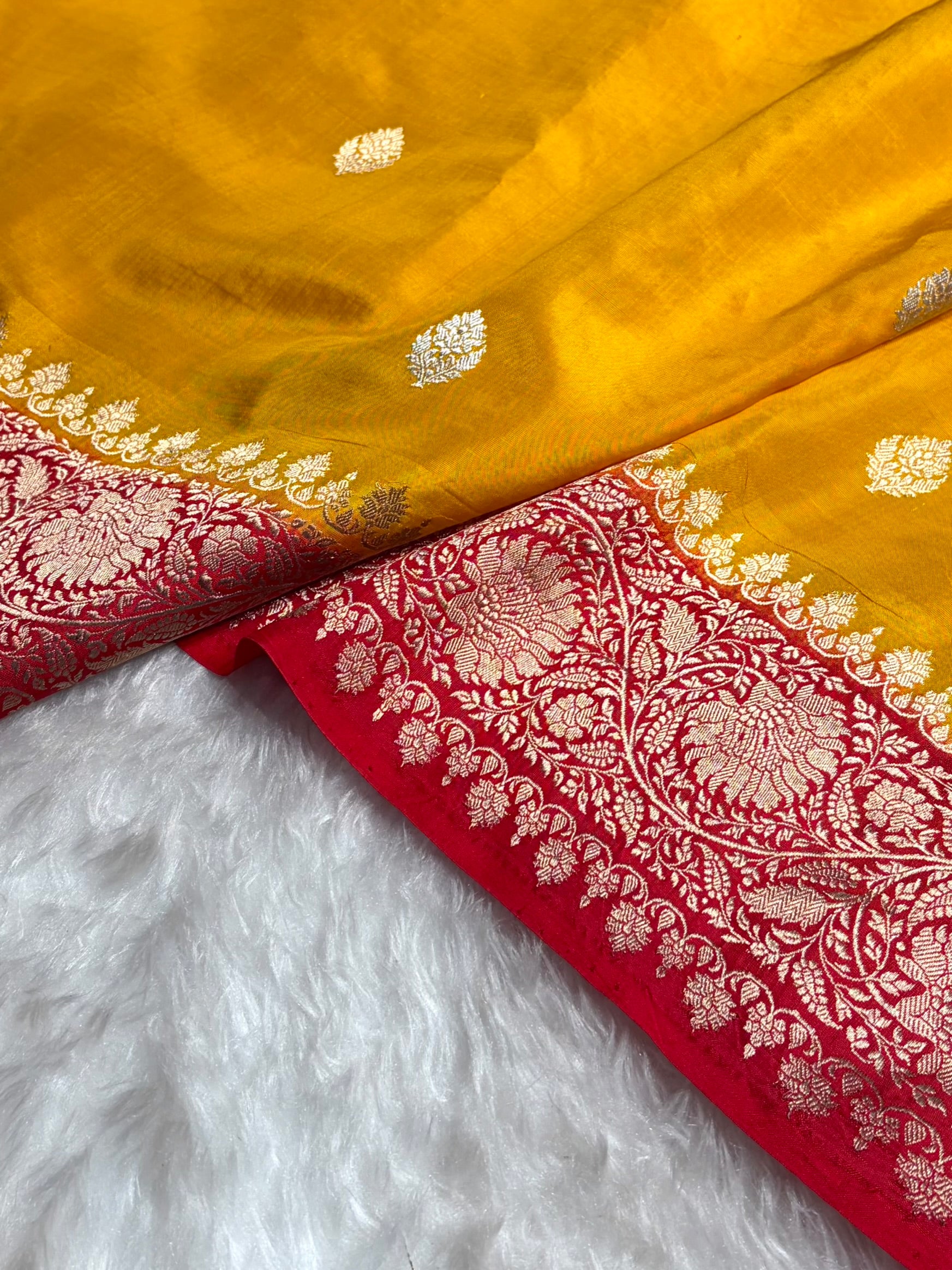 Contrast Mustard Gold With Red Boota Handwoven Pure Katan Raw Mango Silk RM-33