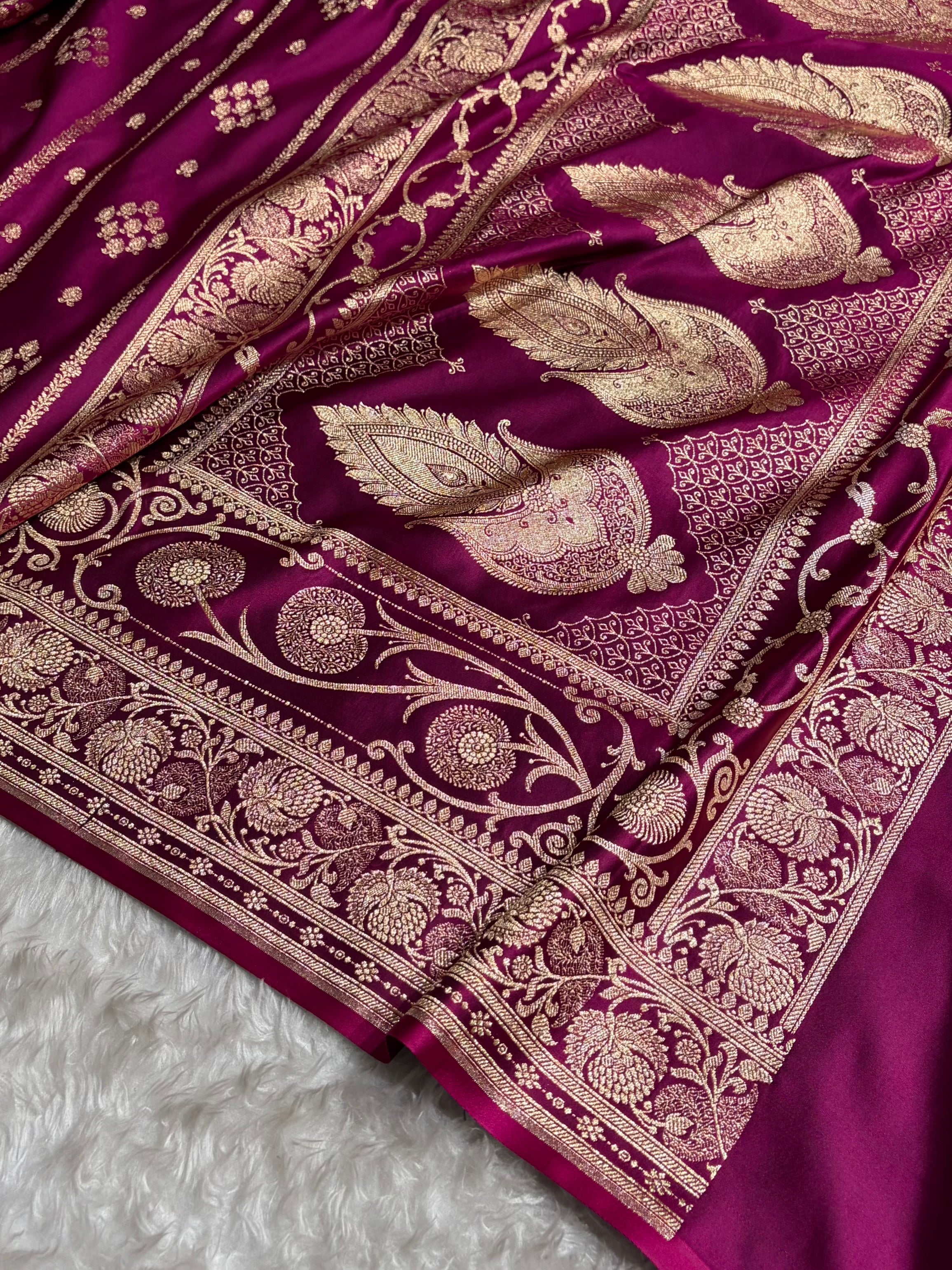 Wine Floral Boota Pattern Satin Katan Silk saree SK39