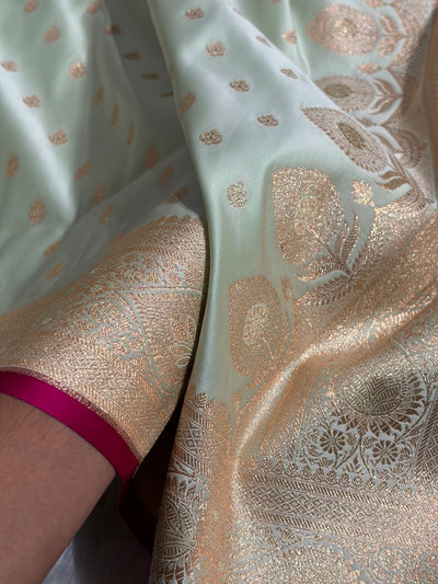 Banarasi Satin Katan Silk Saree In Light Pista Shades SK10