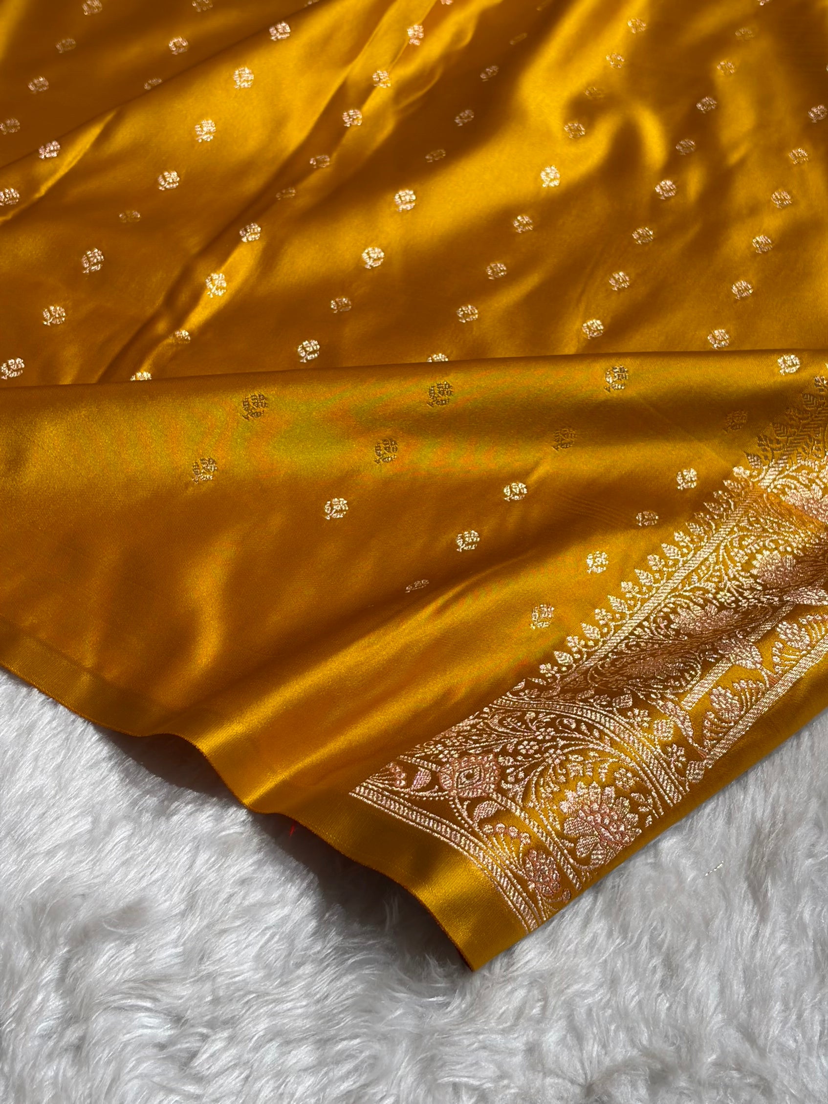 Banarasi Satin Katan Saree Floral Minakari Jaal Pattern in Mustard Shades SK151