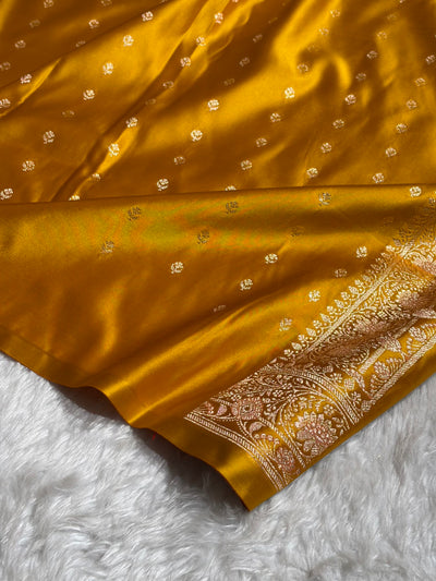 Banarasi Satin Katan Saree Floral Minakari Jaal Pattern in Mustard Shades SK151