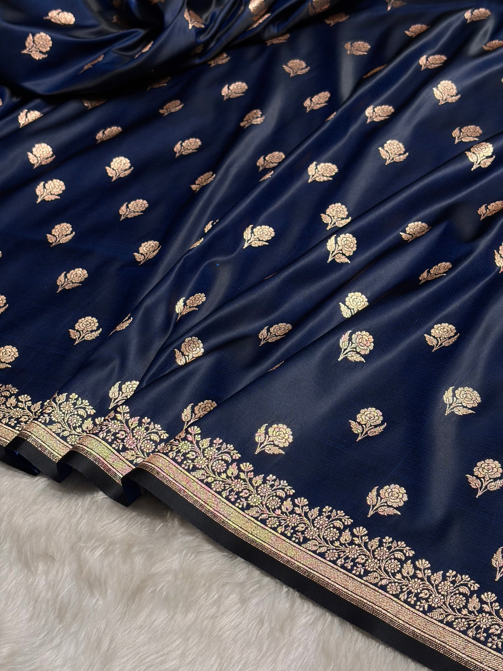 Navy Blue Floral Booti Katan Silk Saree SK23