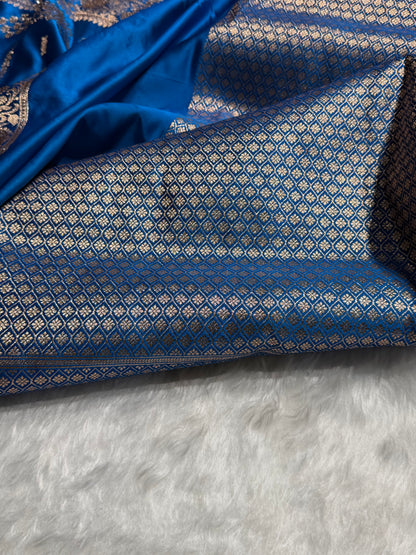 Dusty Blue Floral Boota Pattern With Banarasi Swarovski Stone Work Satin Katan Silk saree BSK39