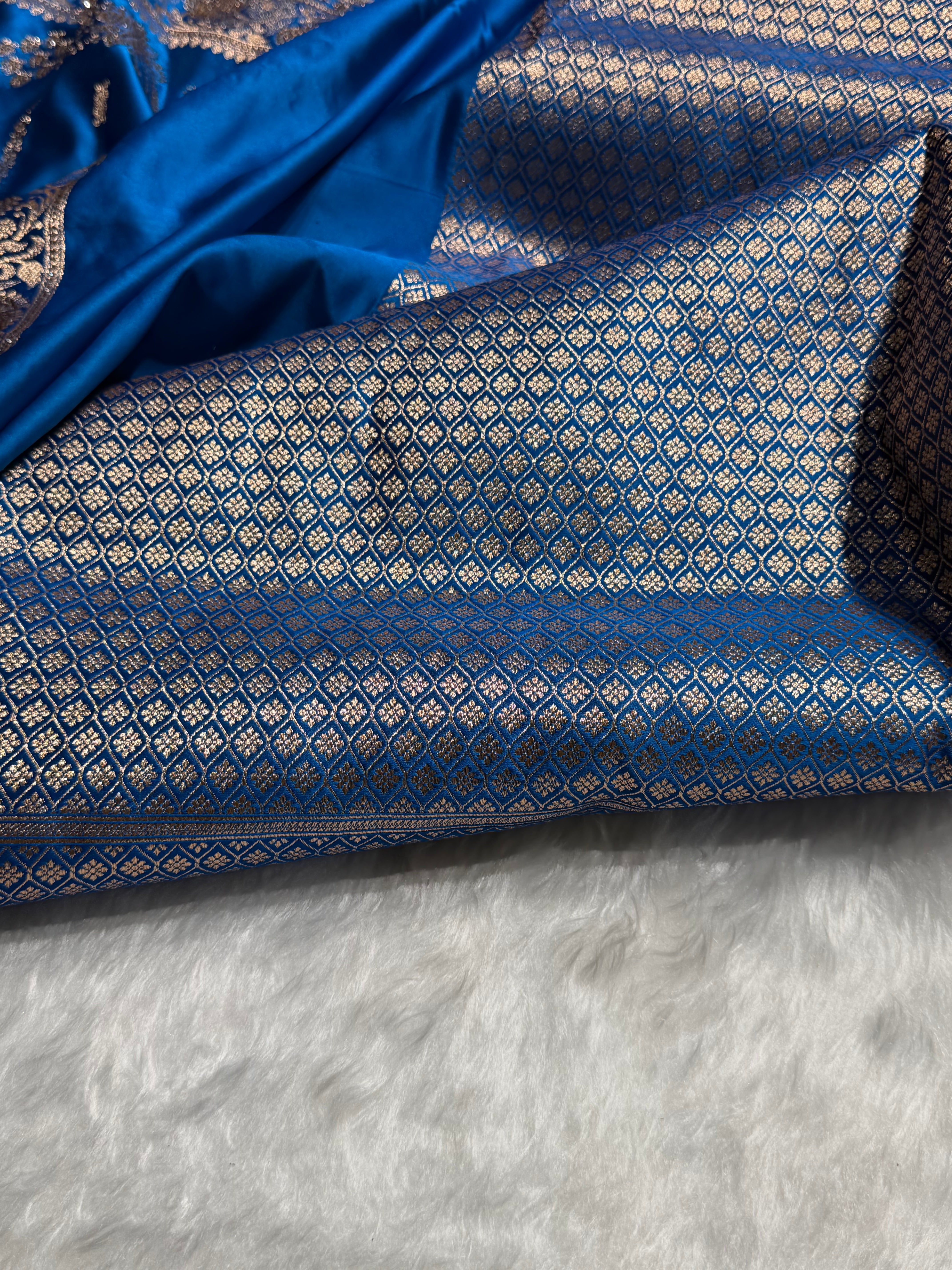 Dusty Blue Floral Boota Pattern With Banarasi Swarovski Stone Work Satin Katan Silk saree BSK39