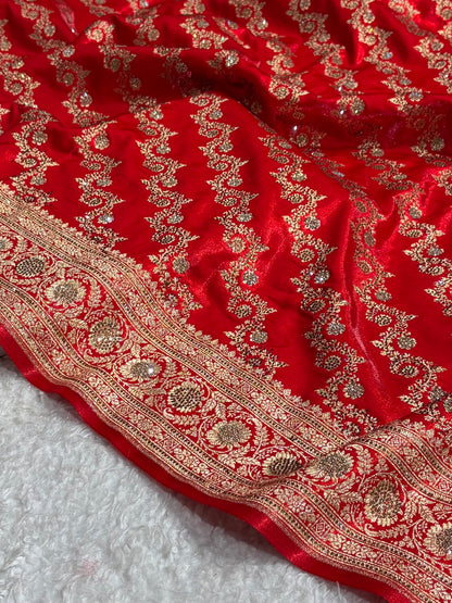 Banarasi Bridal Red Shades With Swarovski Stone and White Stone Work Satin Silk Saree BSS32